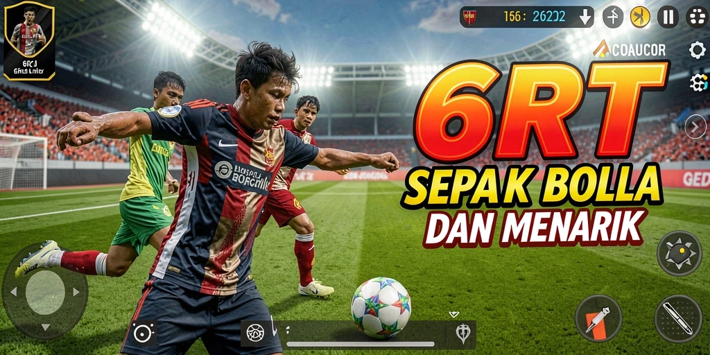 Gameplay 6RT menampilkan aksi pertandingan sepak bola yang seru.