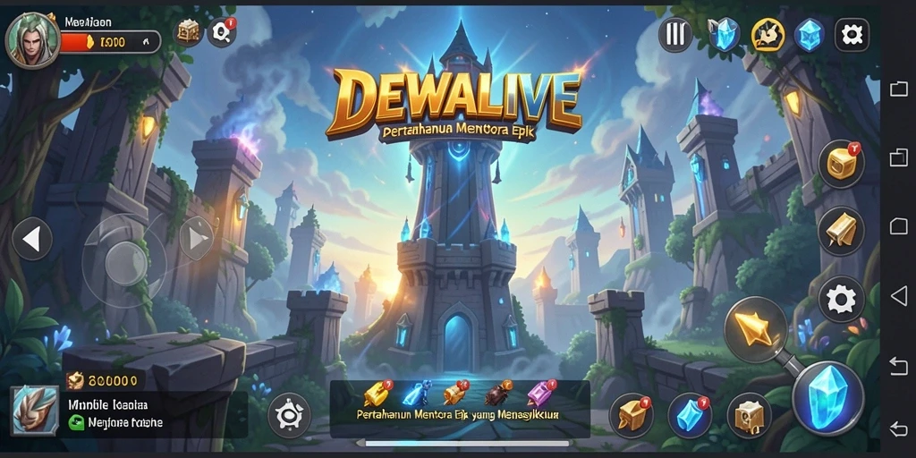 Tampilan gameplay DEWALIVE dengan menara bertahan melawan gelombang musuh.