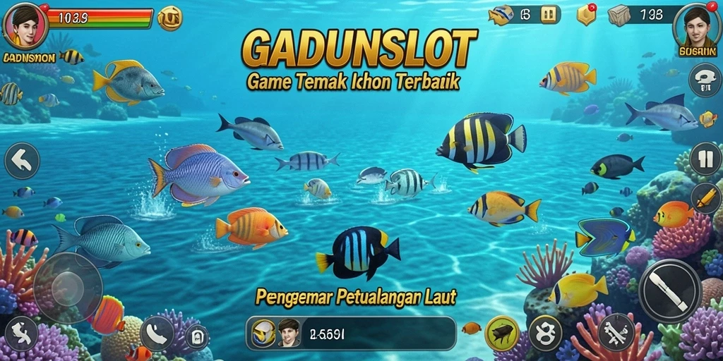 Tampilan gameplay GADUNSLOT yang menarik dengan ikan berwarna-warni.