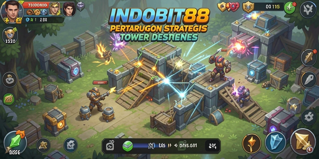 Tampilan gameplay <strong>INDOBIT88</strong> dengan berbagai tower bertempur melawan gelombang musuh.