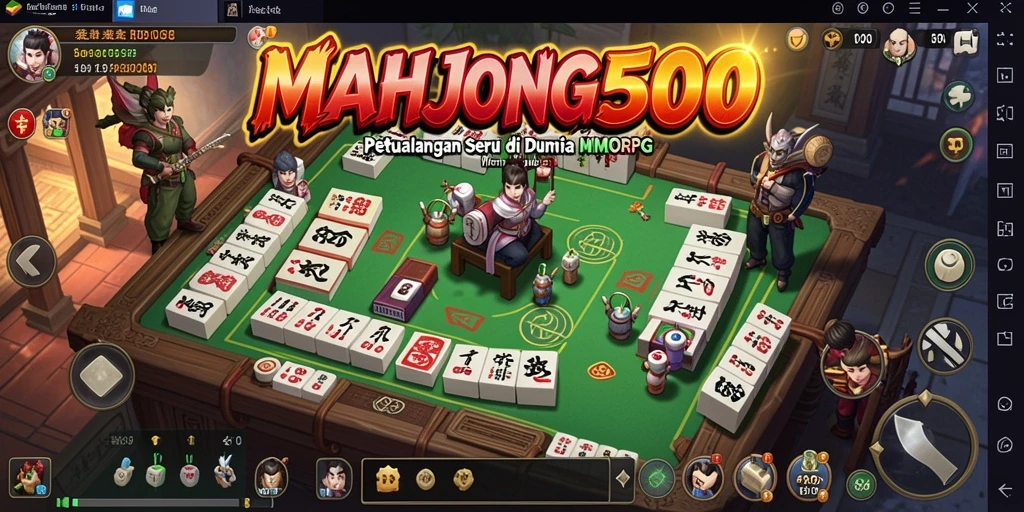 Screenshot gameplay MAHJONG500 menampilkan pertempuran epik di dunia fantasi.