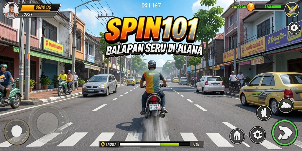 Gameplay SPIN101 menampilkan aksi balapan yang mendebarkan di jalanan.