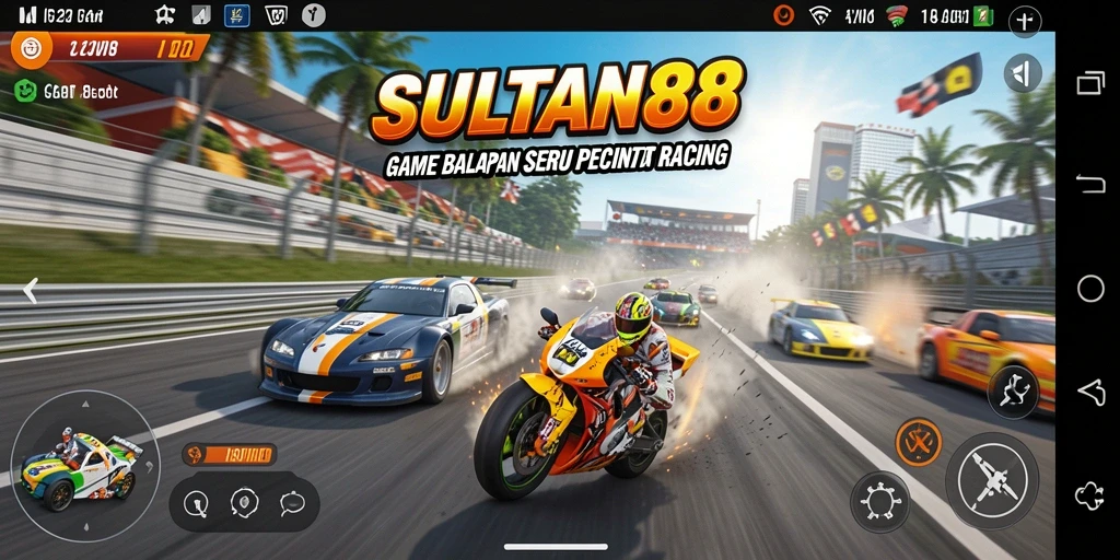 Screenshot gameplay SULTAN88 yang menampilkan aksi balap cepat dan mobil yang beragam.