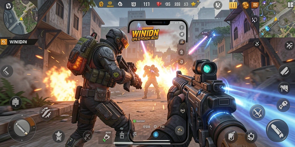Tampilan gameplay seru dari WINIDN dengan aksi tembak-menembak.